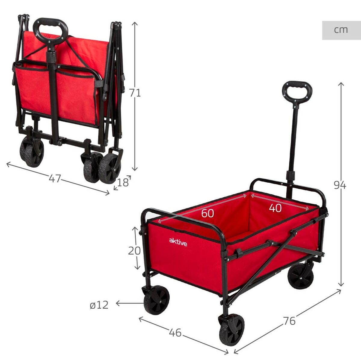 Multi-purpose Cart Aktive Red Polyester Steel 65 x 94 x 40 cm Foldable Beach