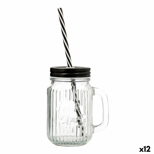 Jar with Lid and Straw Quid Maison Transparent Glass 470 ml (12 Units)