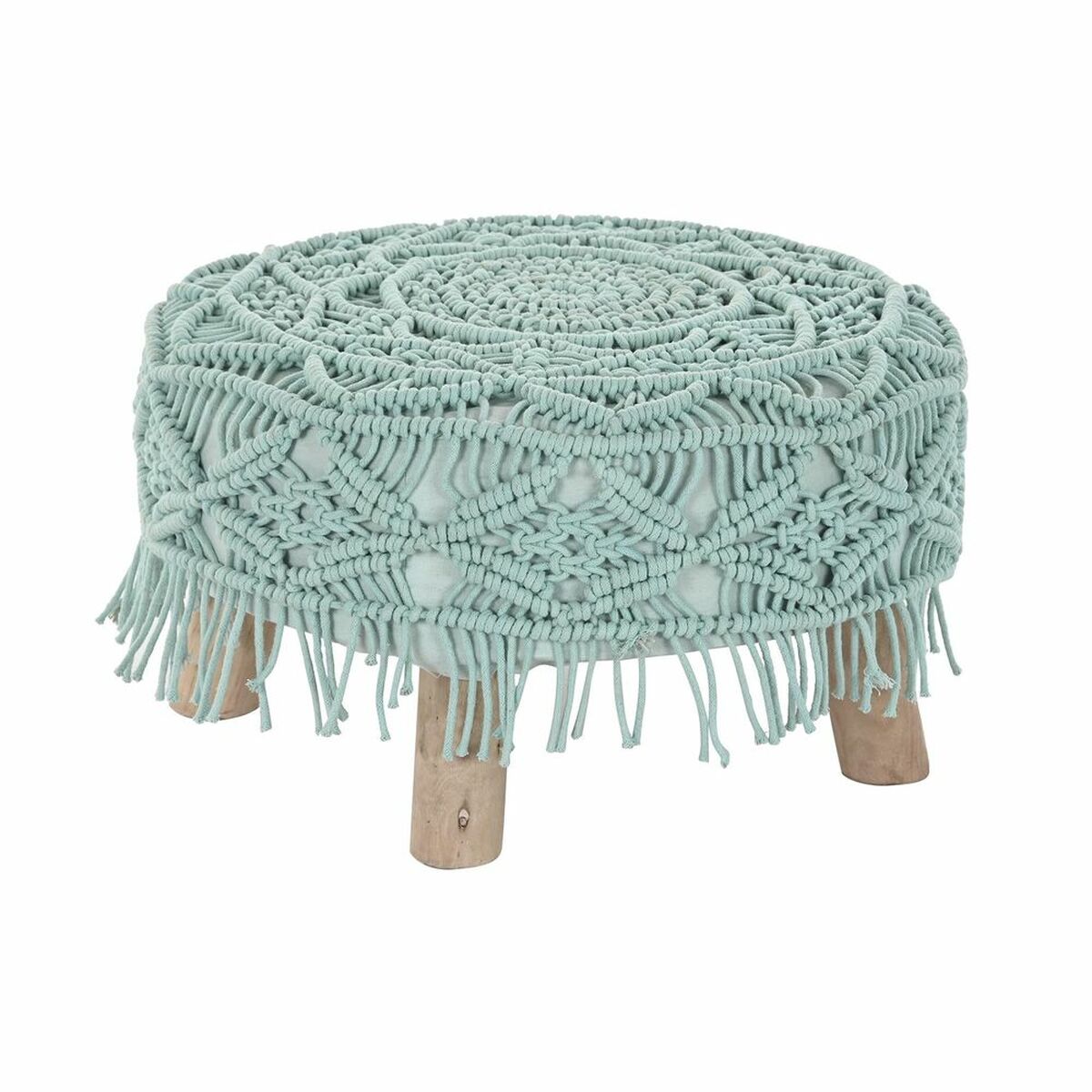 Footrest DKD Home Decor 53 x 53 x 31 cm Natural Wood Brown Green 50 x 50 x 30 cm Macrame Boho