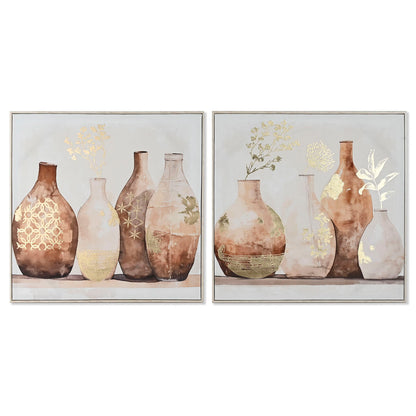 Painting Home ESPRIT Beige Golden polystyrene Canvas Vase Scandinavian 82,5 x 3,5 x 82,5 cm (2 Units)