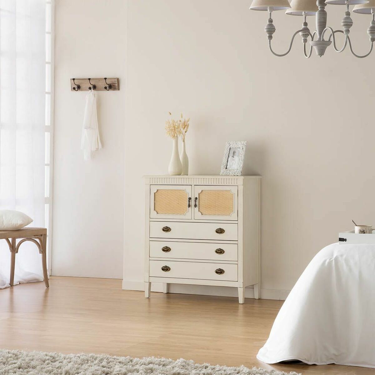 Chest of drawers Alexandra House Living White Rattan Fir wood MDF Wood 36 x 90 x 82 cm