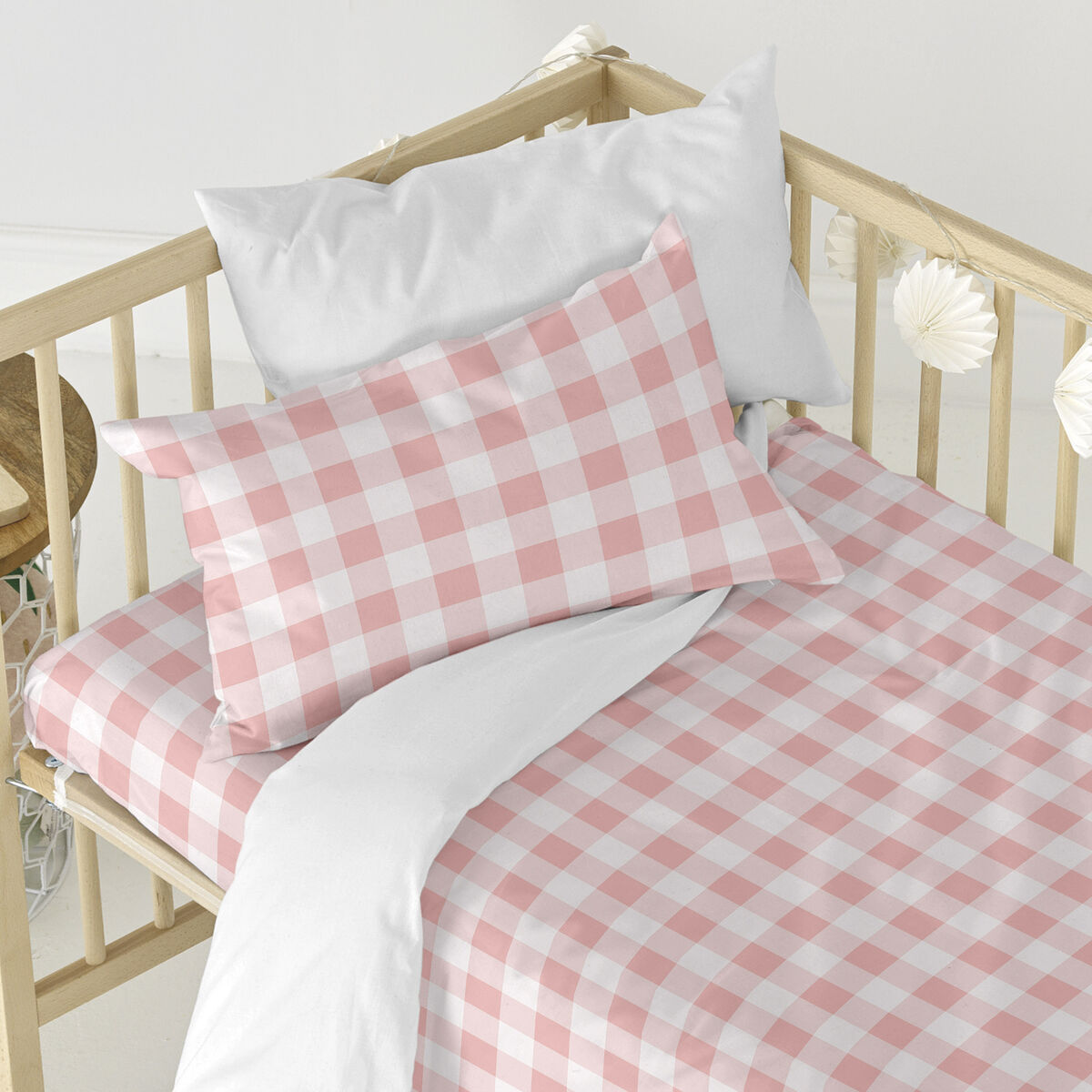 Duvet cover set HappyFriday Basic Kids Pink Baby Crib Gingham 2 Pieces HappyFriday