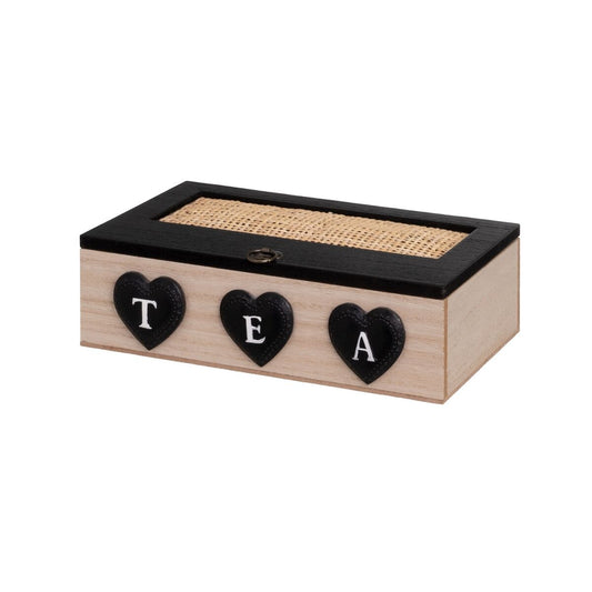 Box for Infusions HEARTS Black Natural Polyresin MDF Wood 24 x 17 x 7 cm BigBuy Home