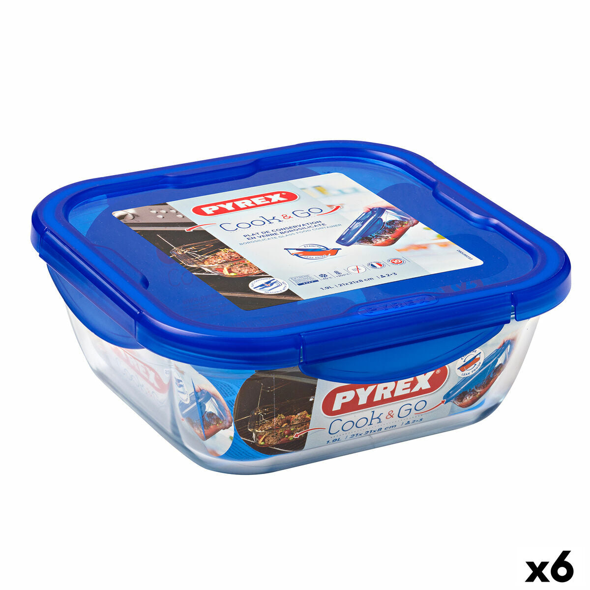 Hermetic Lunch Box Pyrex Cook &amp; go 21 x 21 x 9 cm Sininen 1,9 L lasi (6 yksikköä)