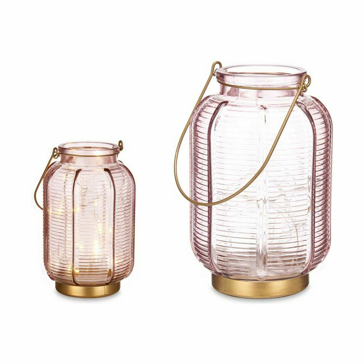 LED Lantern Stripes Pink Golden Glass 13,5 x 22 x 13,5 cm (6 Units)