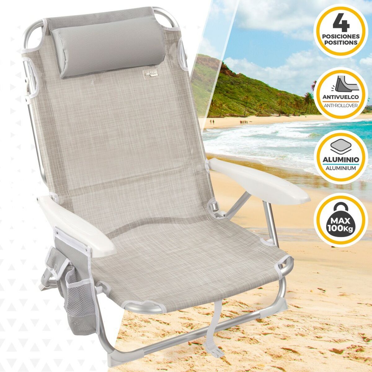 Folding Chair with Headrest Aktive Ibiza Beige 51 x 76 x 45 cm (2 Units)